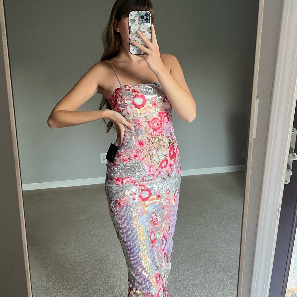 Lulus Pink Sheer Embroidered Floral Sequin Midi Dress